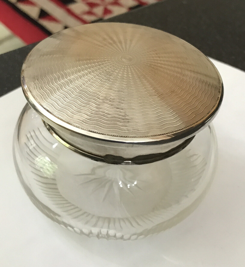 HM Hallmarked Solid Sterling Silver Glass Engine Turned Dressing Table Pot Box