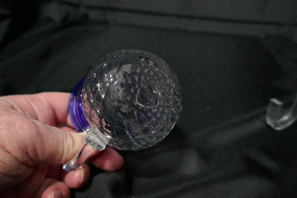 Handblown Mini Pitcher Diamond Optic Applied Handle Clr Cobalt Threads 3 3/4" T