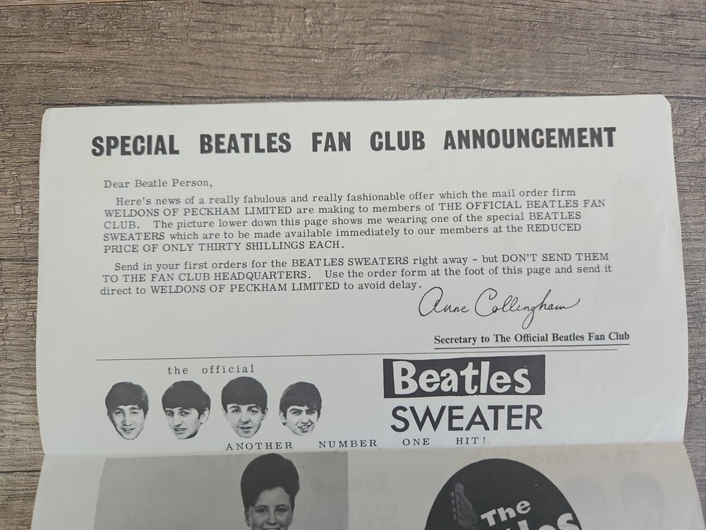 Original 1963 Beatles Sweater Order Form Complete