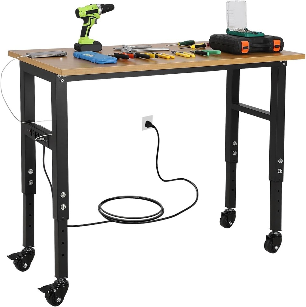 Adjustable 48" Workbench Heavy Duty Garage Table with Power Outlet for Workshop