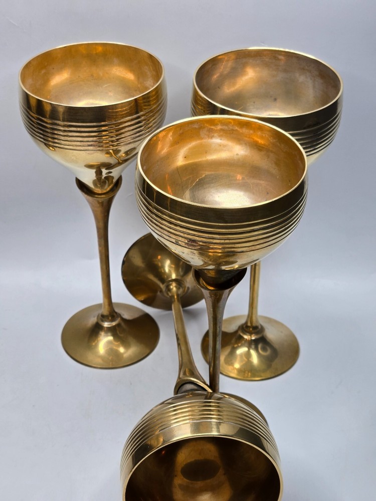 Vintage S/4 Solid Brass Goblets Tulip Stem • 7.5"H • India