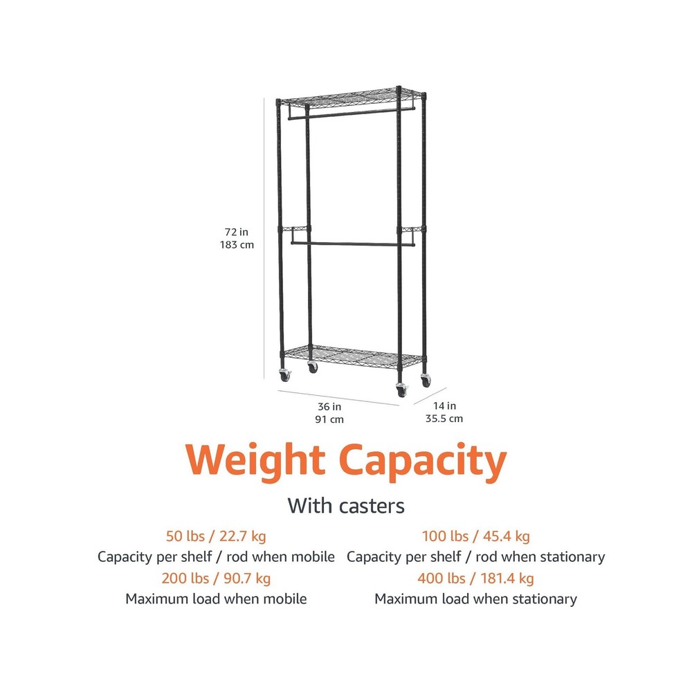 Amazon Basics Adjustable Double Rod Rolling Garment Rack, Hangi... USA FAST SHIP