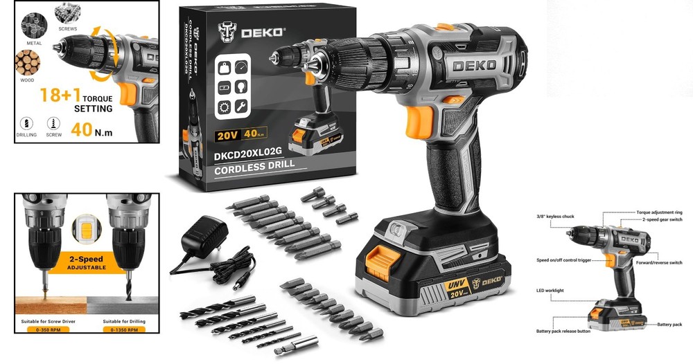 Compact Cordless Drill Set 20V with Battery & 10 Bits - Ideal for DIY Projects