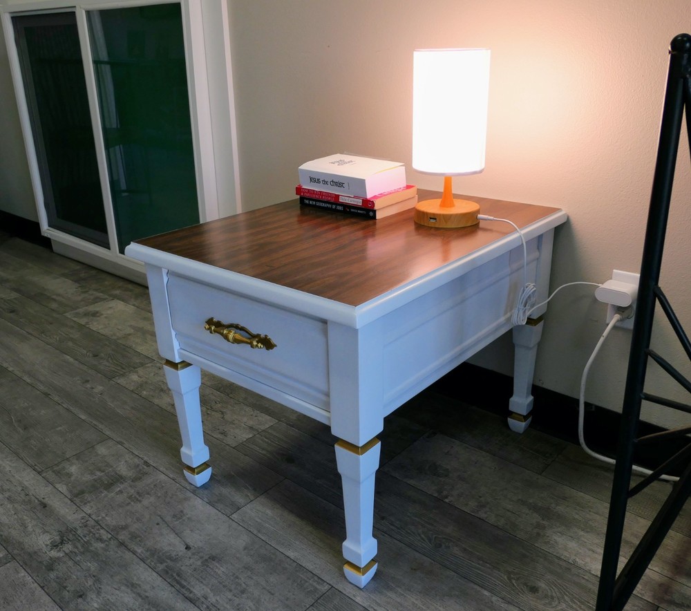25 White & Gold Solid Wood End Table With Drawer | Bedside | Couch