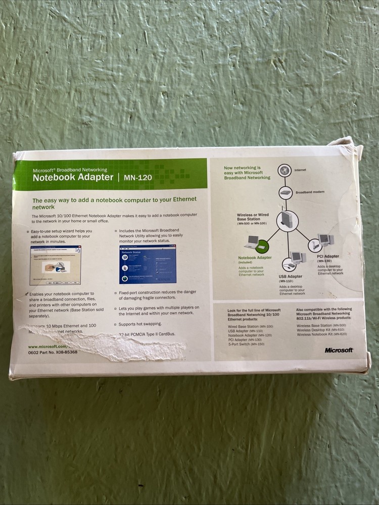 Microsoft Broadband Networking Notebook Adapter 10/100 Ethernet MN-120 - New