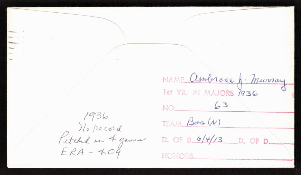 Amby Murray Signed 1969 Baseball Stamp Envelope Boston Bees Autograph