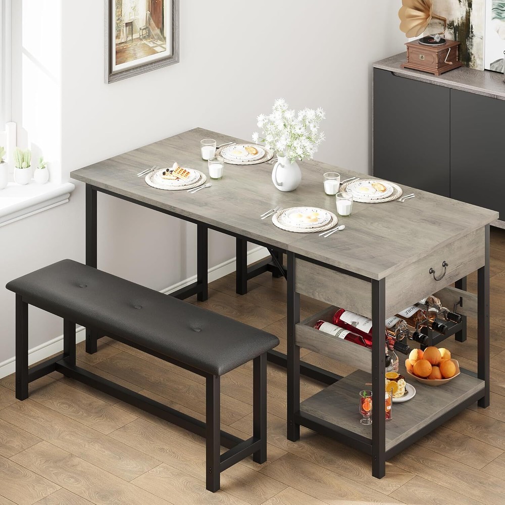 New Dining Table Set for 4 Kitchen Table and 2 Benches, Drawers ,Wine Rack ，Grey