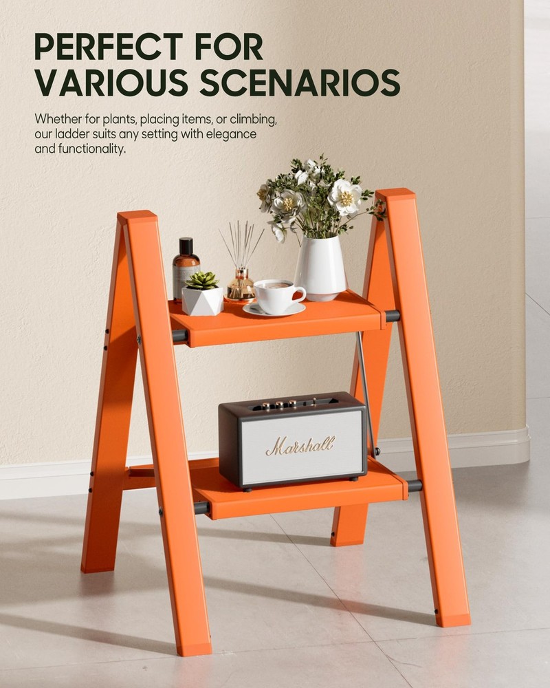 HillhutApex 2 Step Ladder, Lightweight Portable 2 Stool 2 Step, Orange