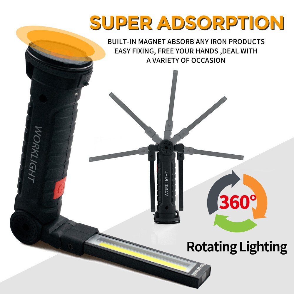 2 Pack Magnetic Base LED COB Work Light Rechargeable Mechanic Torch Flashlight