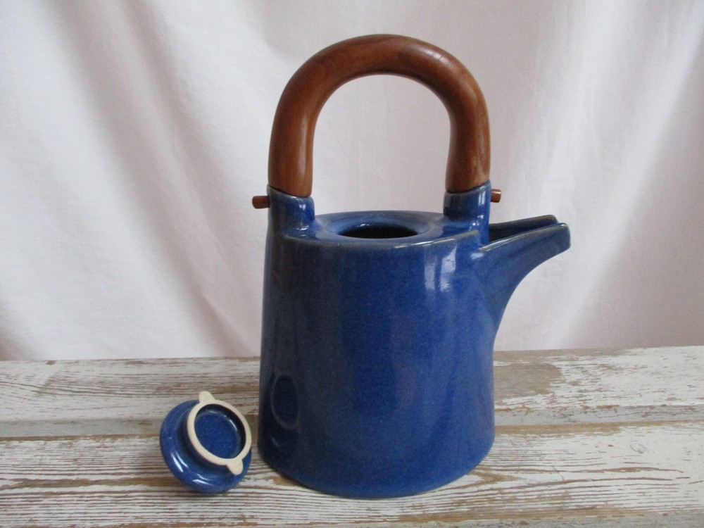 Ceramic Stoneware Teak Wood Handle Teapot Blue Speckled