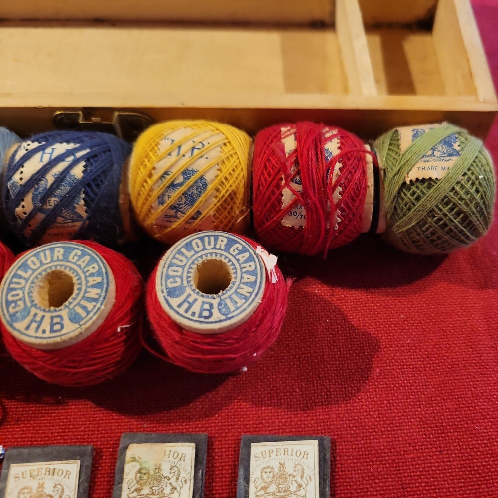 Antique H.B. Embroidery Work Box w/ Original Thread & Royal German Sharp needles