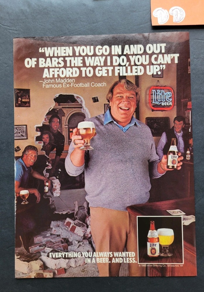 John Madden Miller Lite Beer Promo Print Advertisement 1985