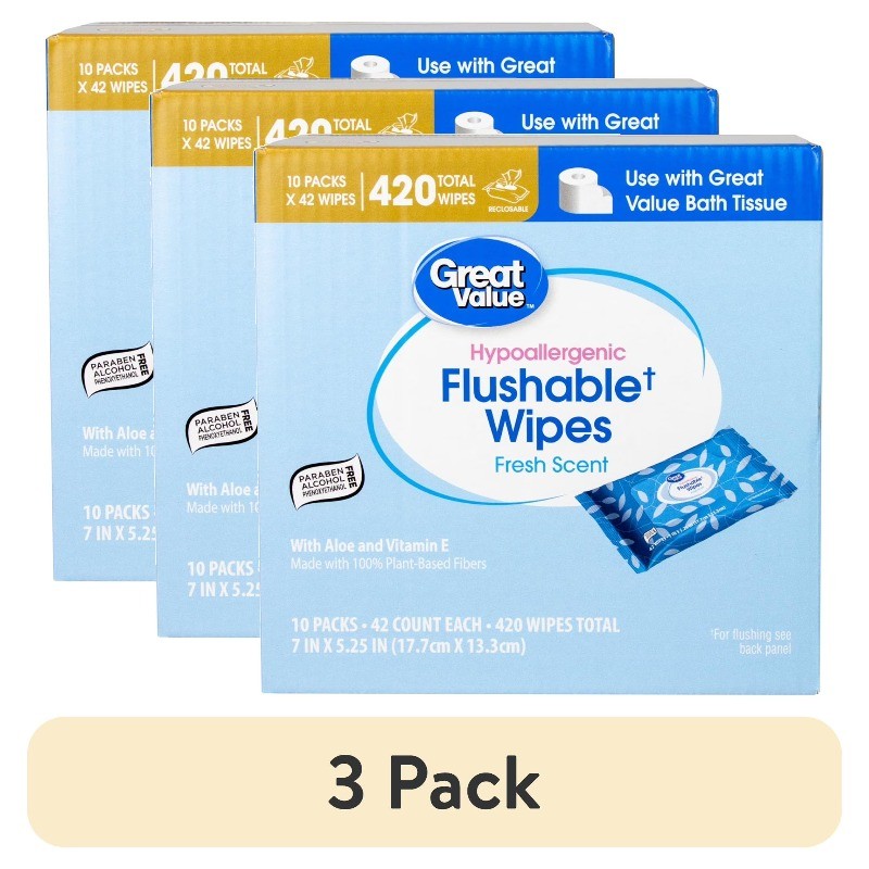 (3 pack) Great Value Fresh Scent Flushable Wipes, 10 Resealable Packs