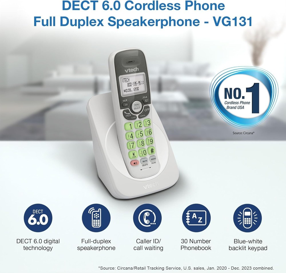 VTech Cordless Phone with DECT 6.0, Full-Duplex Speakerphone, Lighted Display