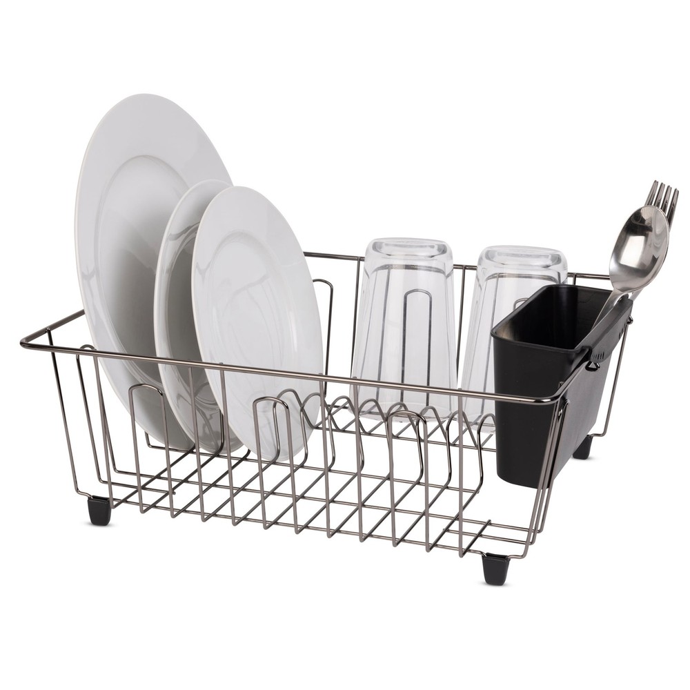 Small Dish Drainer Rack Chrome Black Kitchen Sink Drying Rack Compact Countertop