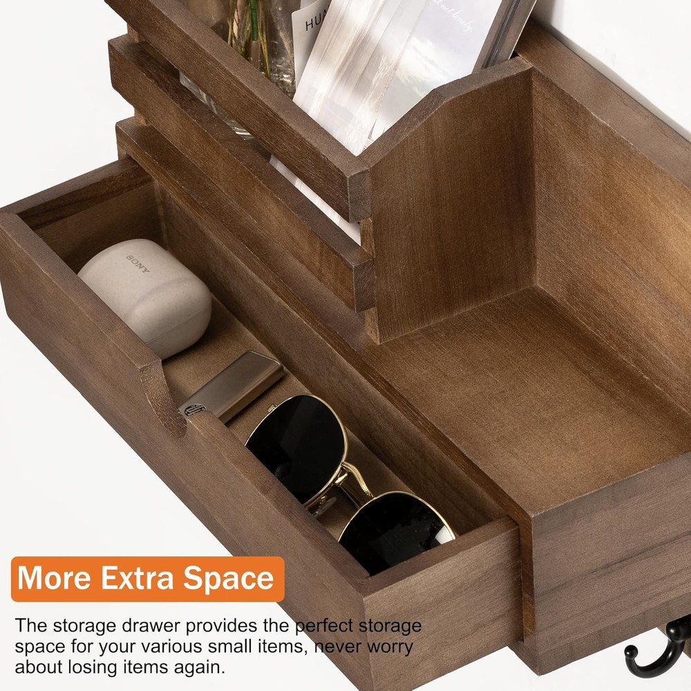 Key and Mail Holder for Wall, Mail Organizer Wall Mount with 6 Hooks and Storage
