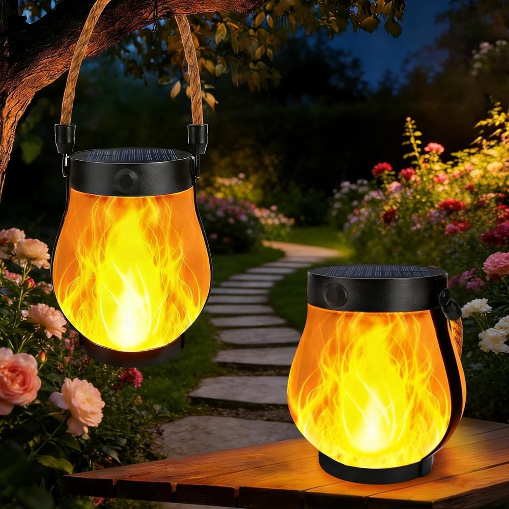 2 Pack Solar Lanterns Outdoor Waterproof, Flickering Flame Hanging Lanterns D...