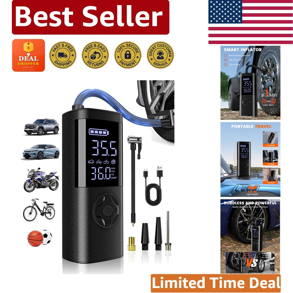 Mini Air Compressor with Emergency LED Light & Cordless Operation for Vehicles