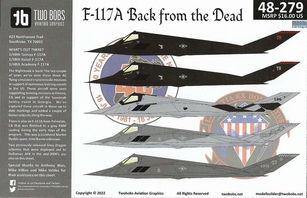 TB48279 Two Bobs Decals 1:48 Lockheed F-117A Nighthawk Return from the dead