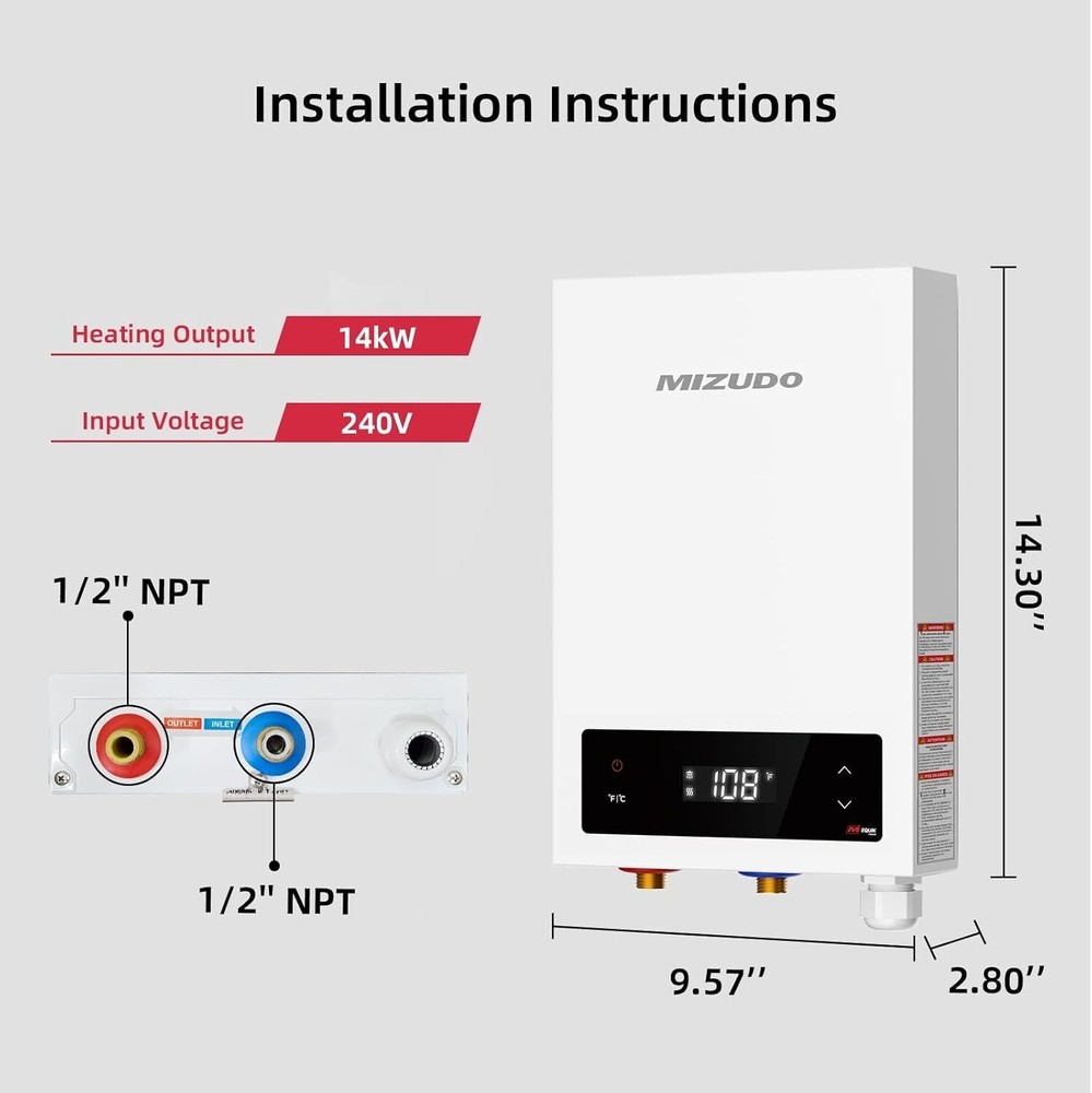 MIZUDO Tankless Water Heater Electric 14000 W 3.4 GPM with LED Digital Display