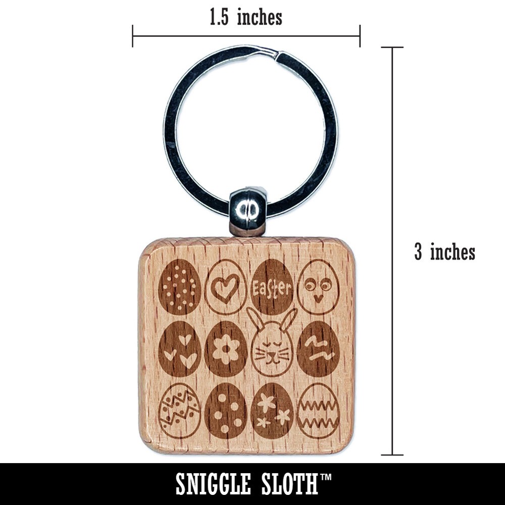 Decorated Easter Eggs Fun Engraved Wood Square Keychain Tag Charm