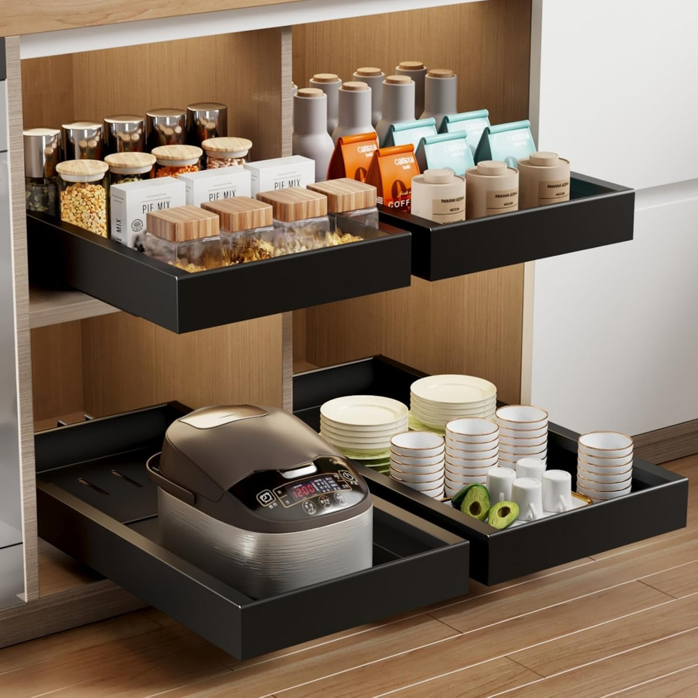 2 Pack Pull Out Cabinet Organizer,21.8" Deep Slide Out Drawer for Cabinets Adhes