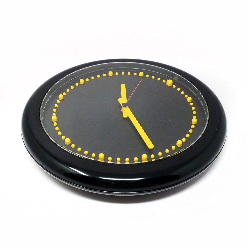 1980s Postmodern Black and Yellow Rexite Zero 980 Wall Clock