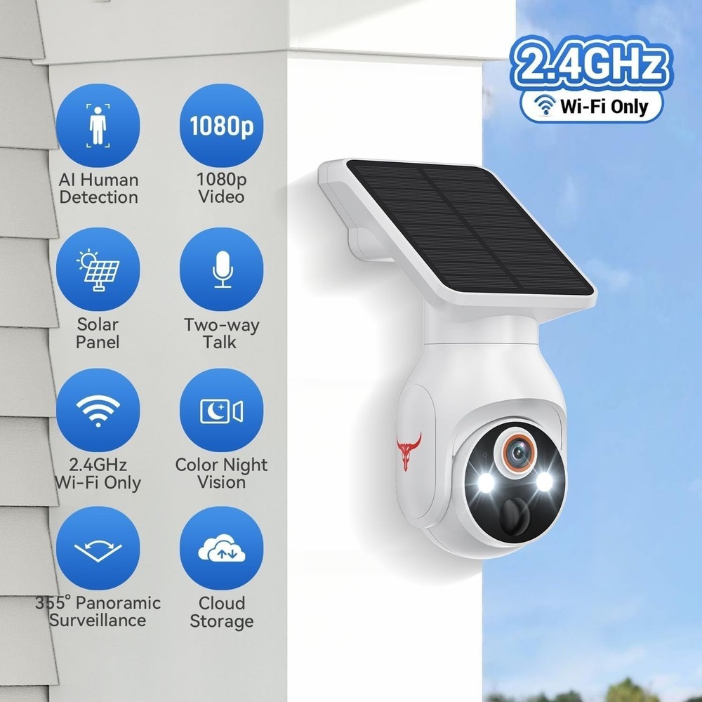 Solar Panel Powered Security Camera 1080p WiFi Camera with Night Vision Motion