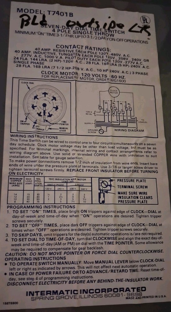 Intermatic T7401B 7-Day Mechanical Time Switch 4-Pole Enclosure