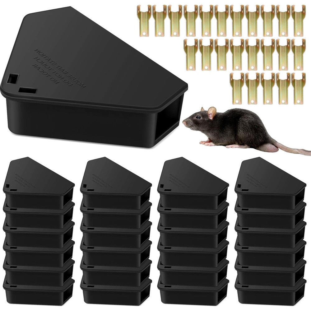 24 Pack Mice Bait Stations with Keys, Triangle Mouse Stations, Reusable Mouse St