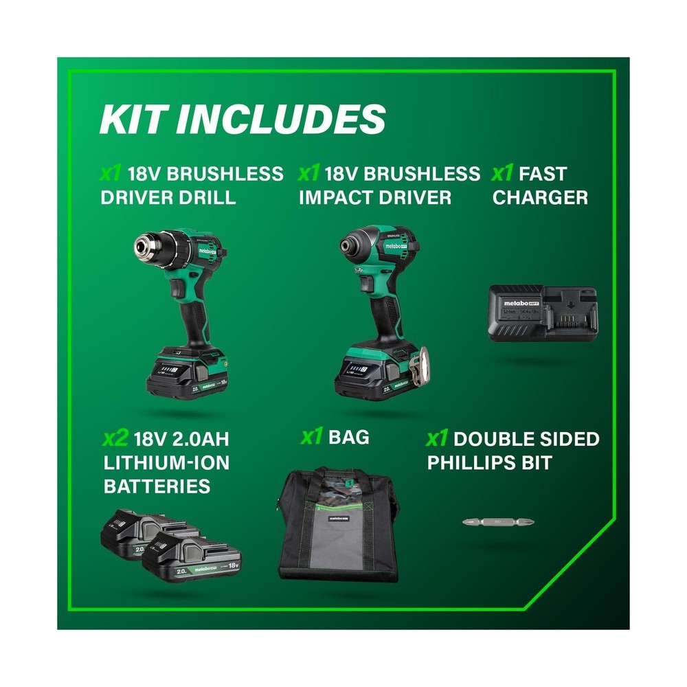 Metabo HPT 18V MultiVolt Cordless Brushless Driver Drill & Impact Driver Comb...