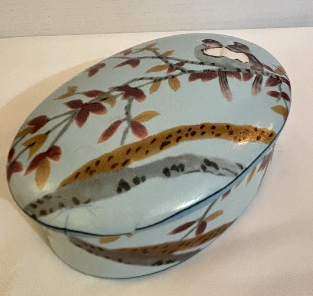 Ceramic Multi Colored Blue Oval Trinket Dish With Lid Birds Leaves