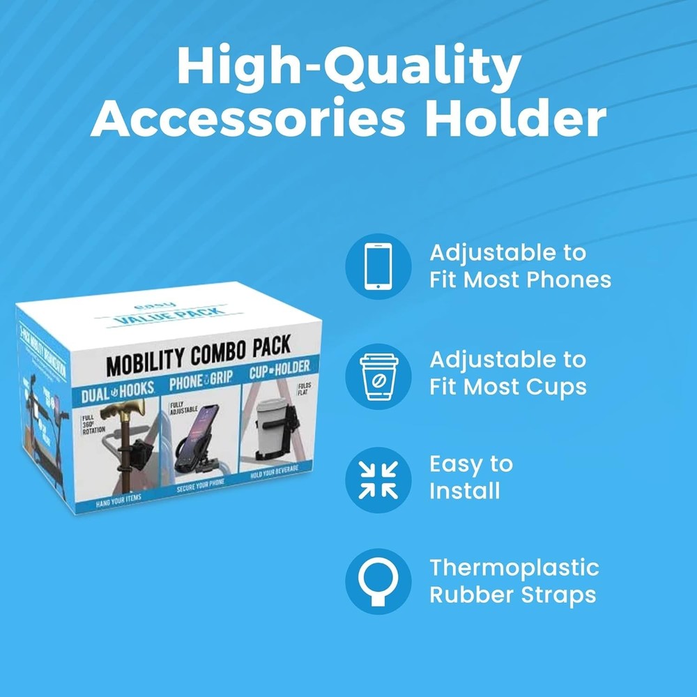 Mobility Combo Pack, Hook, Phone and Cup Holder for Walker, Portable Beverage...