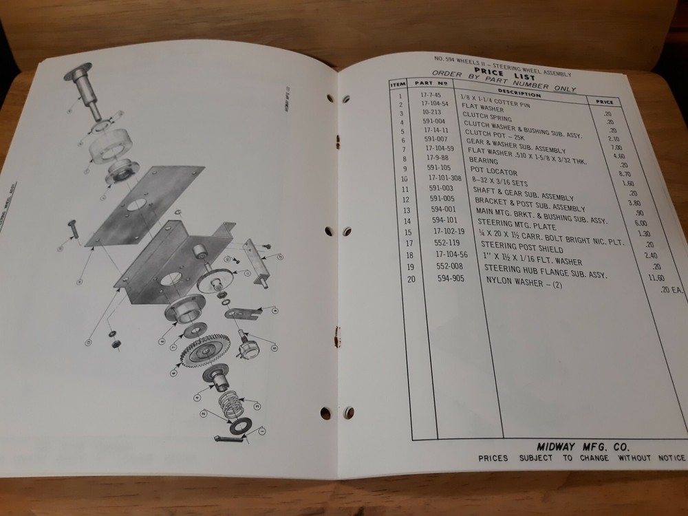 Original Midway WHEELS 2 Arcade Machine Game PARTS CATALOG