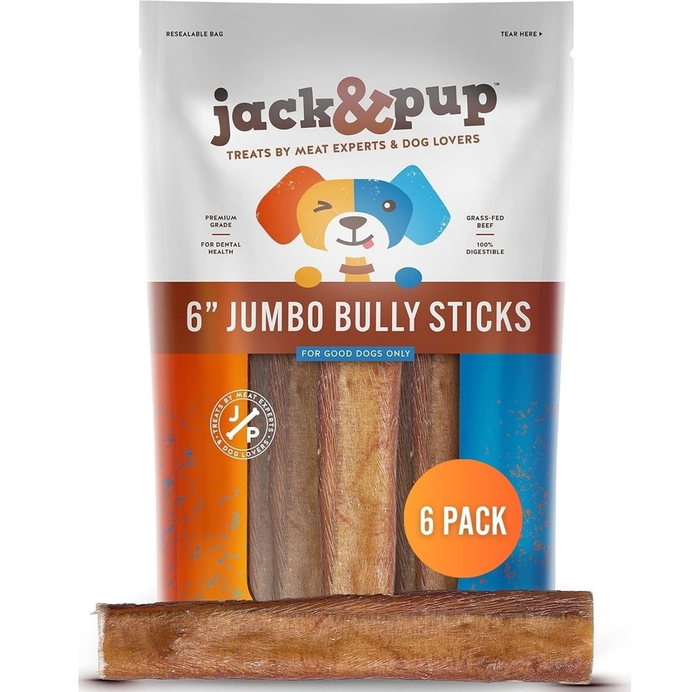 Jack&Pup 6-inch Jumbo Bully Sticks (6 Pack) Single 6 Inch,