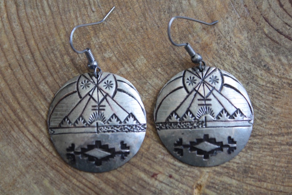 Stamped Sterling Silver Teepee design Earrings by E Herbert Navajo