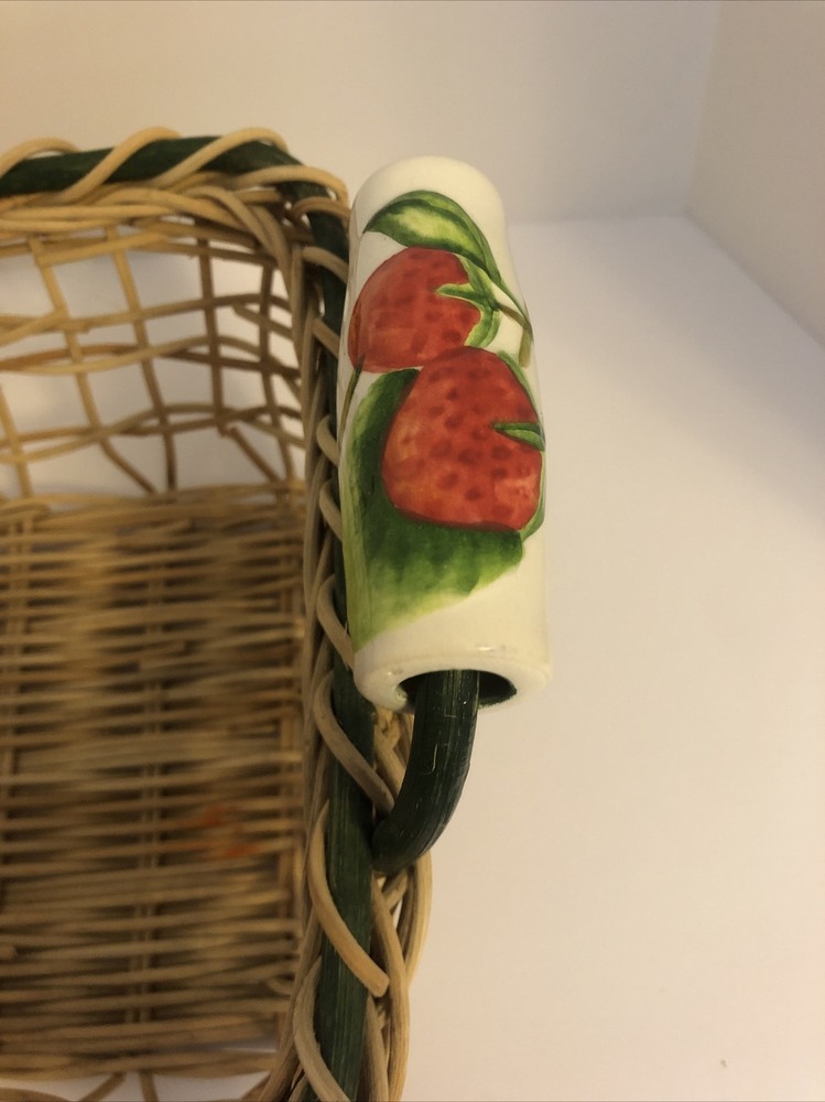 Vintage Basket with Painted Ceramic Handles