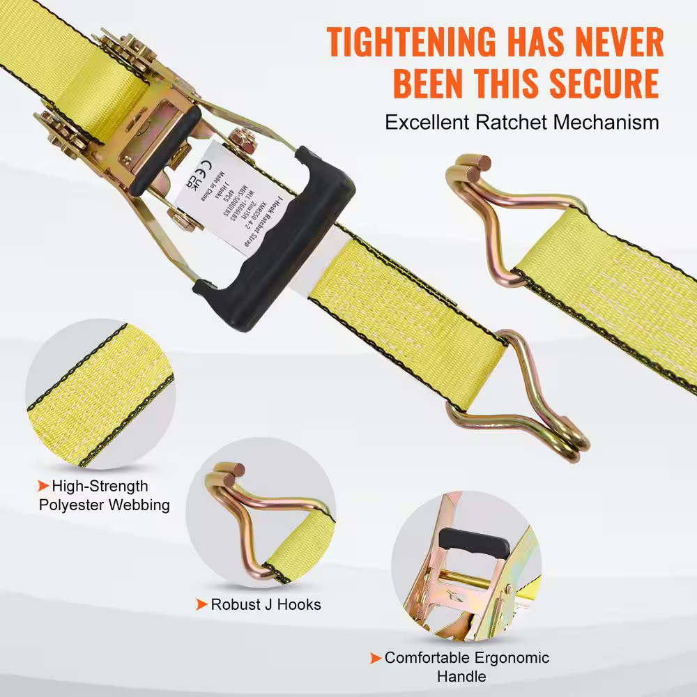 Ratchet Tie down Straps (4PK), 5000 Lb. Break Strength, Double J Hook Includes 4