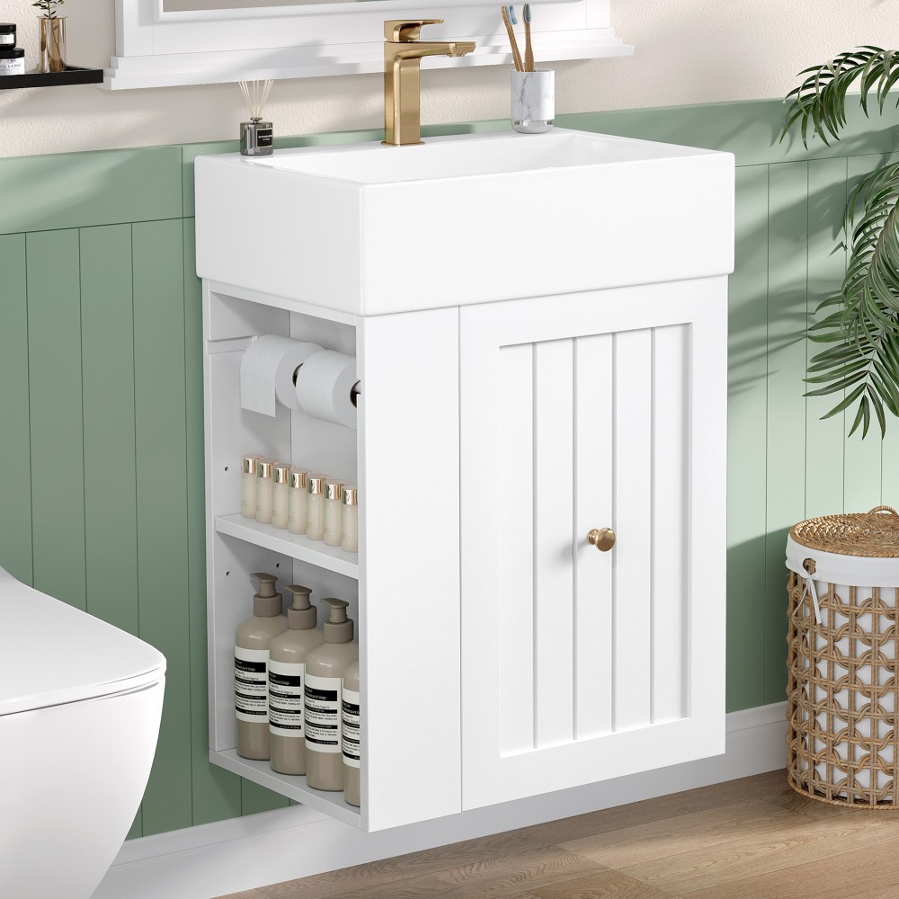Bathroom Vanity with Ceramic Sink Includes Drawers and Side Shelves
