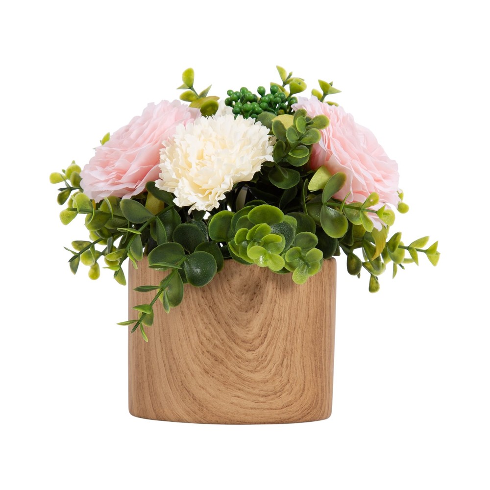 (2 pack 4.5” Artificial Floral in Wood Grain Ceramic Container