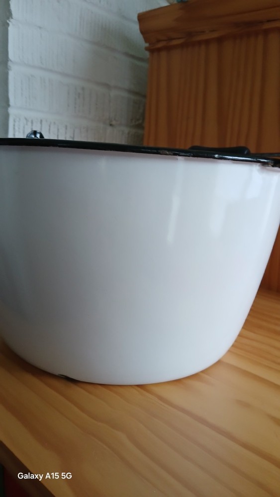 Large Vintage Enamel Ware With Black Wooden Handle 13" Diameter