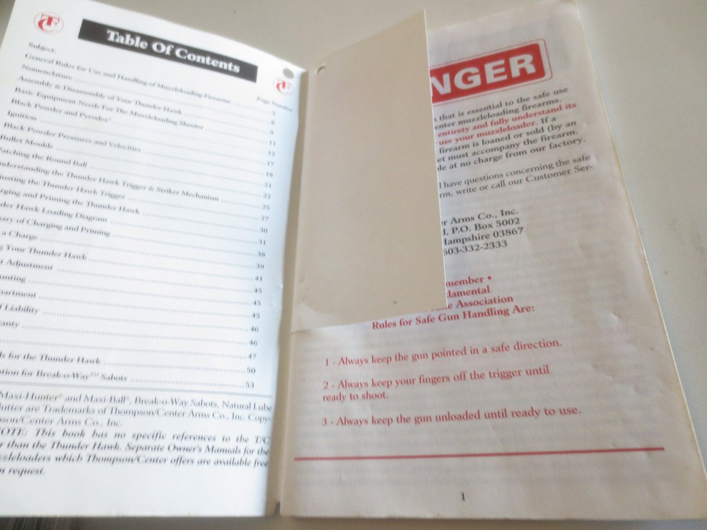 THOMPSON CENTER T/C THUNDER HAWK Muzzleloader RIFLE Gun Owners manual ORIGINAL!
