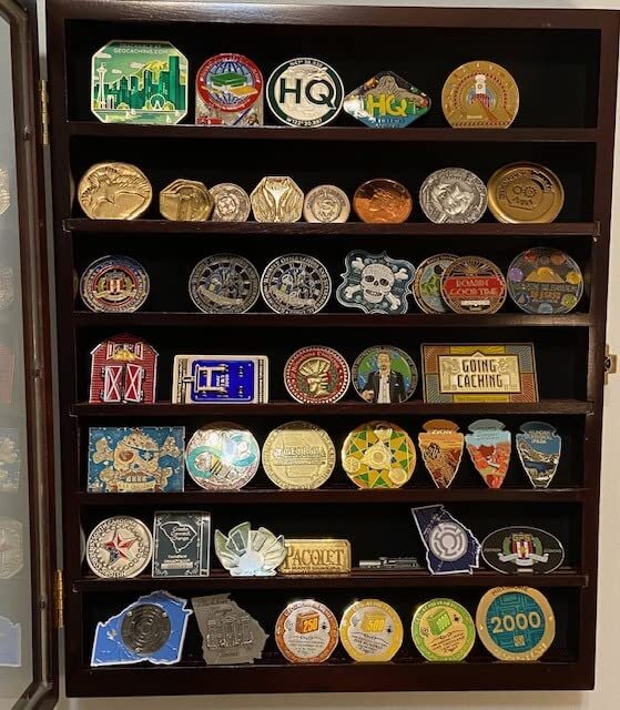 Premium Lockable Challenge Coin Display Case - Mahogany Finish, Wall Mountable