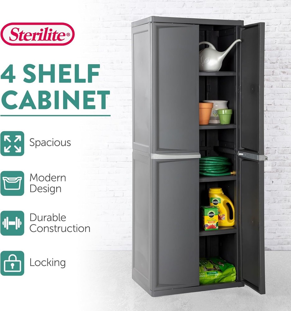 Sterilite Storage Cabinet,Rugged Garage Organizer,Double Doors,4 Shelves