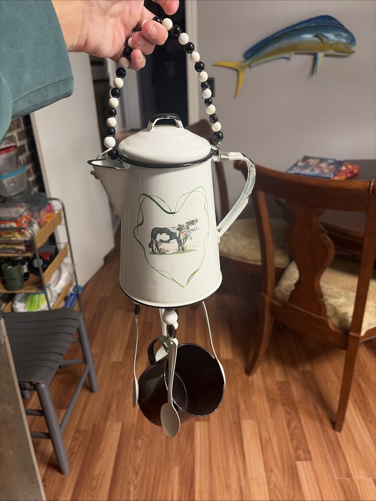 Tin Enamel Teapot Cow Windchime