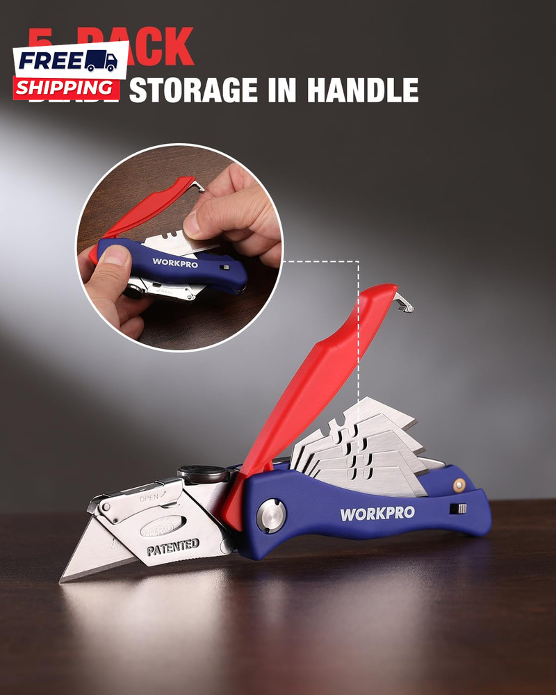 Folding Utility Knife, Quick-Change Box Cutter, Blade Storage in Handle with 5 E