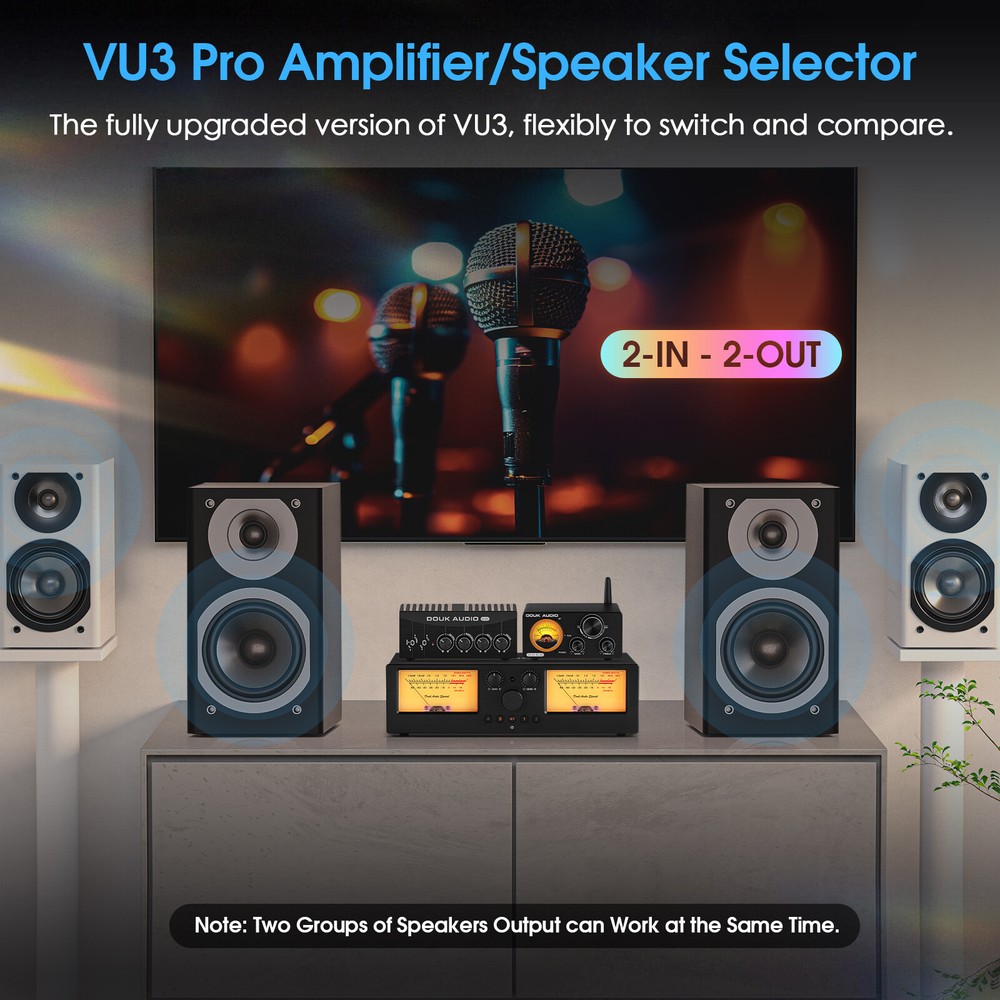 Douk VU3PRO 2-Way Amplifier/Speaker Switcher Box Dual VU Meter w/Remote Control