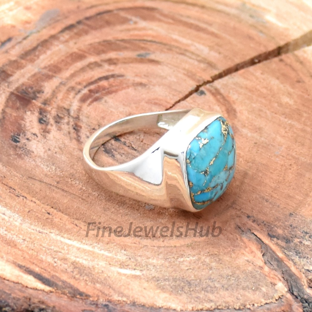Copper Turquoise Ring, 925 Sterling Silver Ring, Handmade Men's Ring Boho Ring