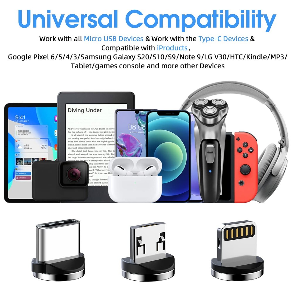 Magnetic Charging Cable [3-Pack,10FT/10FT/10FT] 540° Rotating Black