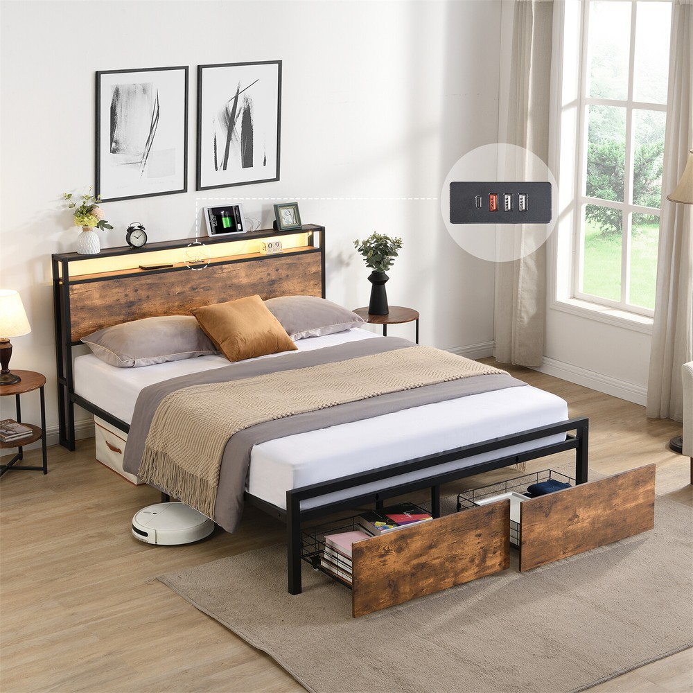 Full Size LED Bed Frame with Storage Headboard & 2 Drawers Metal Platform Bed